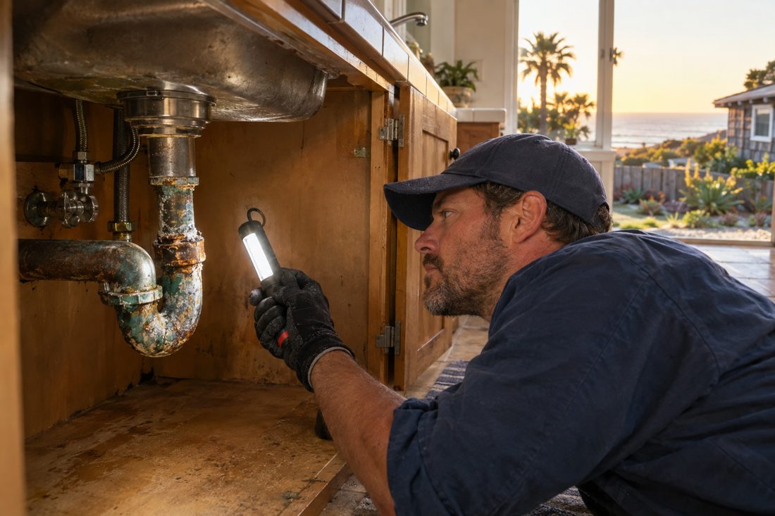 A close view beneath a cottage kitchen sink as a plumber inspects a corroded pipe connection with a work light in Cardiff-by-the-Sea, CA