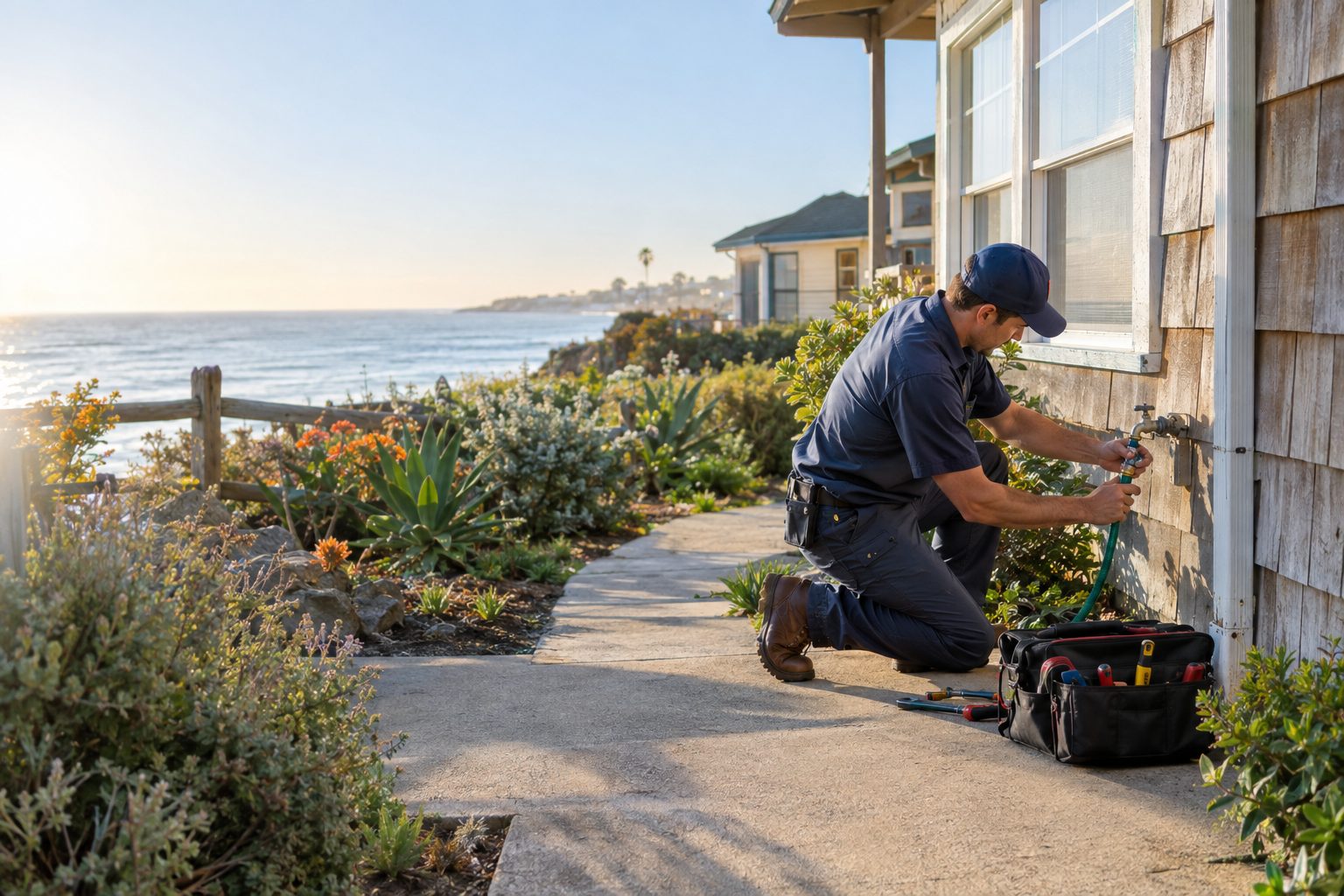 A licensed plumber checks an outdoor hose connection beside an older Cardiff-by-the-Sea coastal cottage, with tools neatly set on the path in Cardiff-by-the-Sea, CA