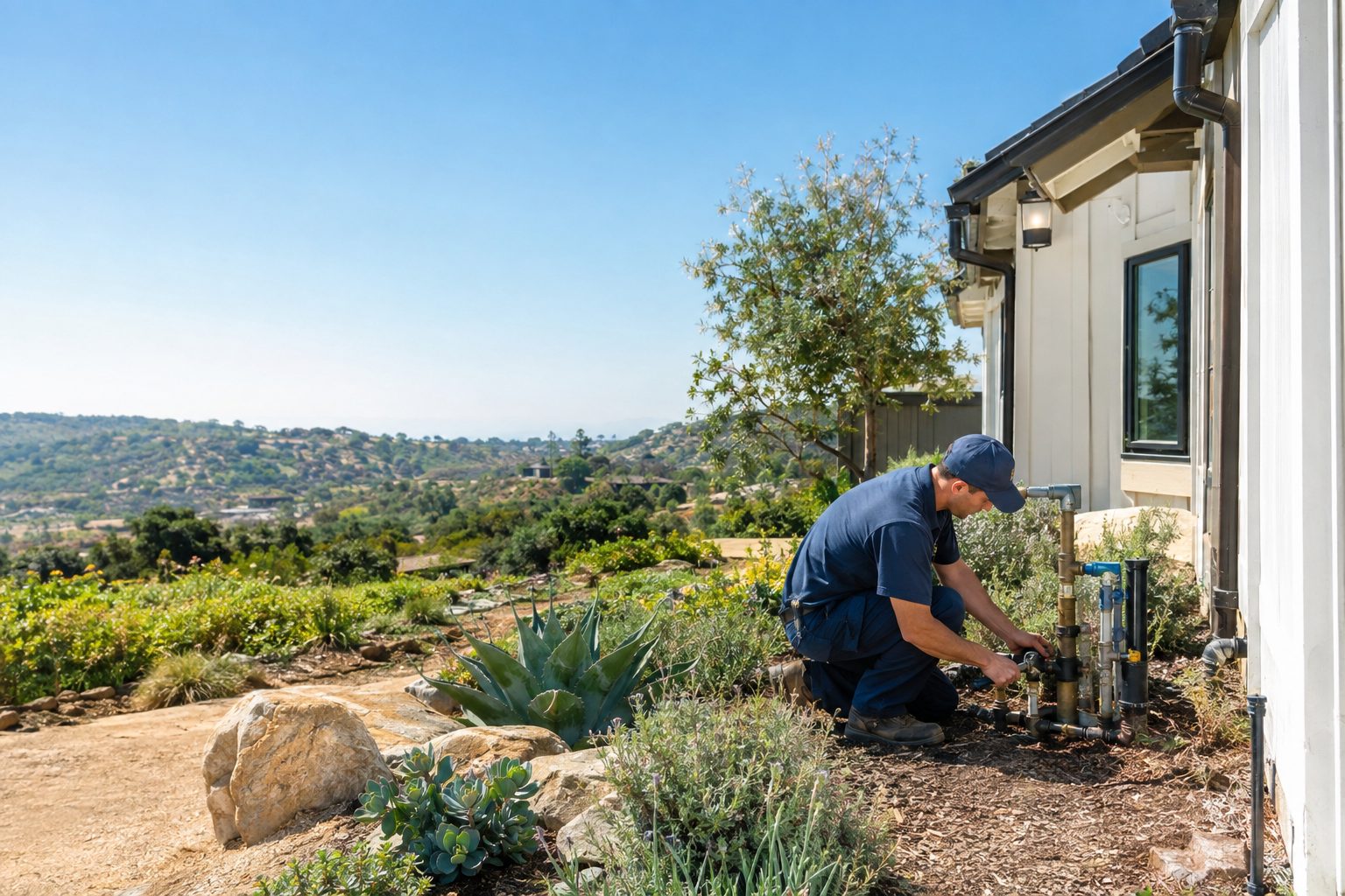 A licensed plumber checks an outdoor water line beside a custom ranch-style home, with Olivenhain landscaping and open space in view in Olivenhain, CA